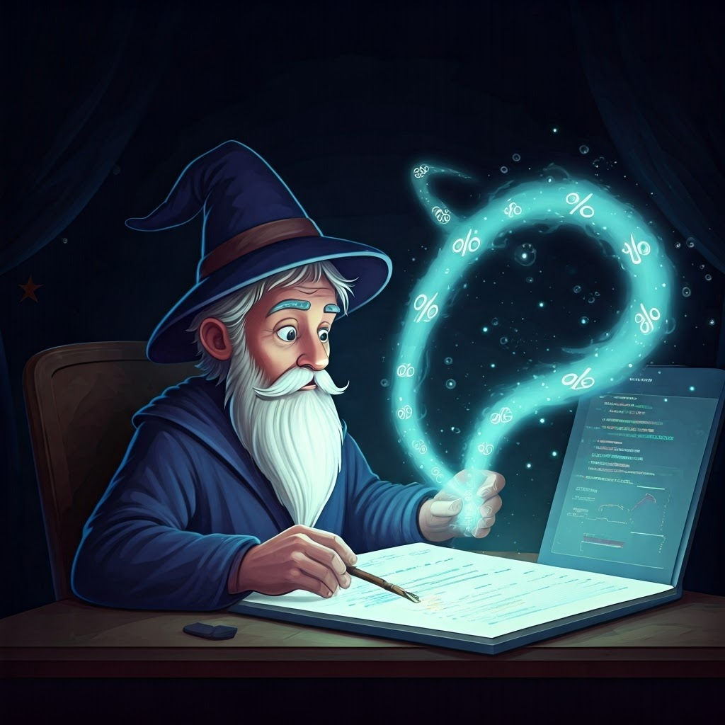 Wizard coding in a Jupyter notebook casting glowing magic commands