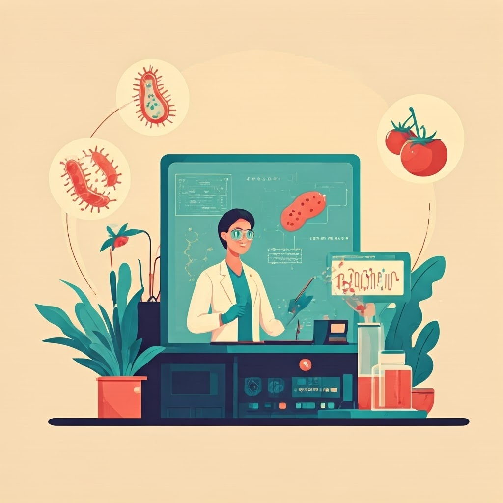 Scientist in a vibrant lab surrounded by icons for medicine, agriculture, and ancestry, connecting DNA sequencing to daily life.