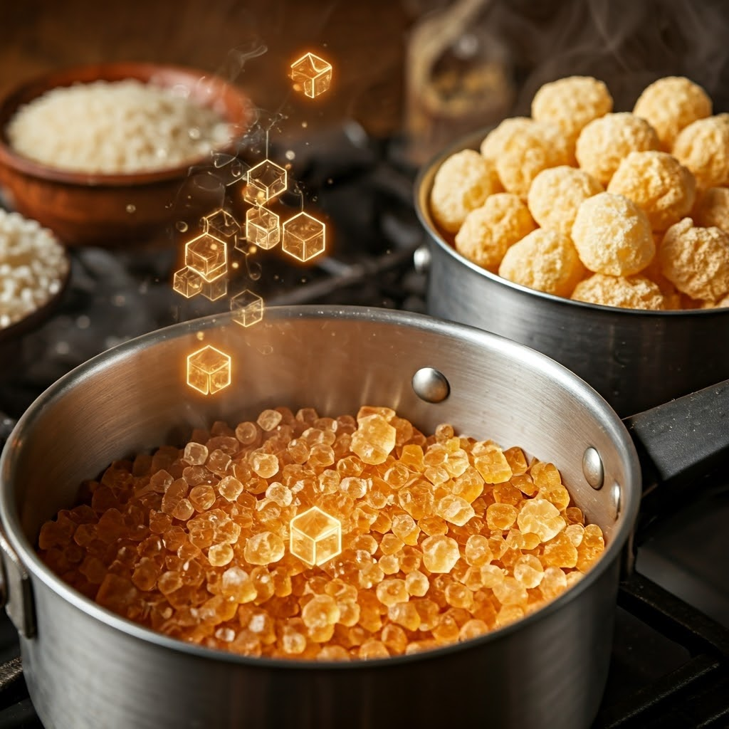 Sugar crystals melting into caramel while starch granules swell in boiling water, linking sweet browning and sauce thickening.