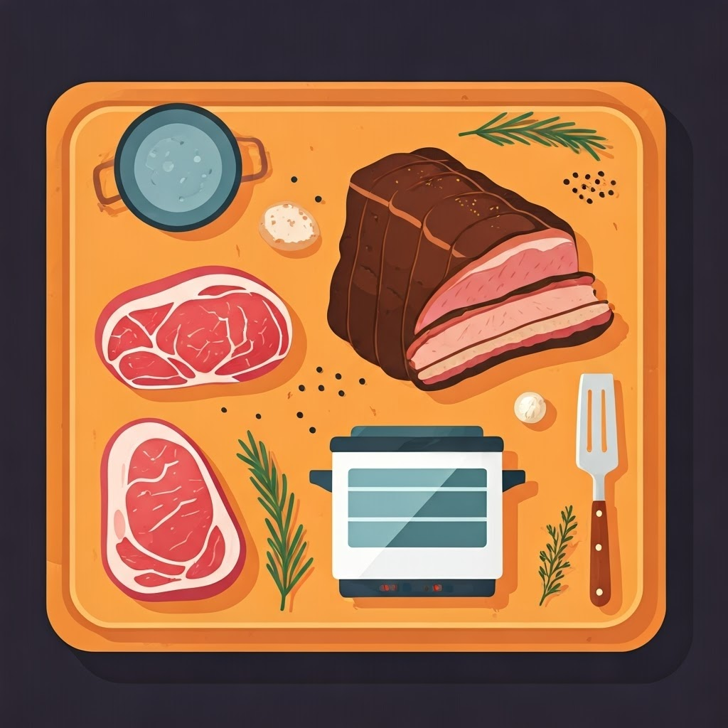 Infographic of filet, brisket, and pork shoulder paired with ideal cooking tools