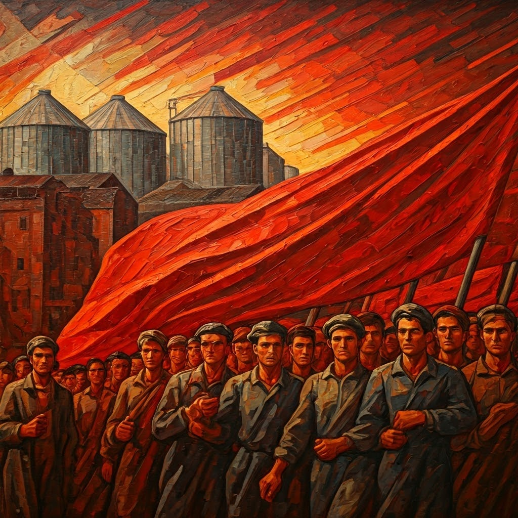 Workers united under a banner, factories and silos behind them