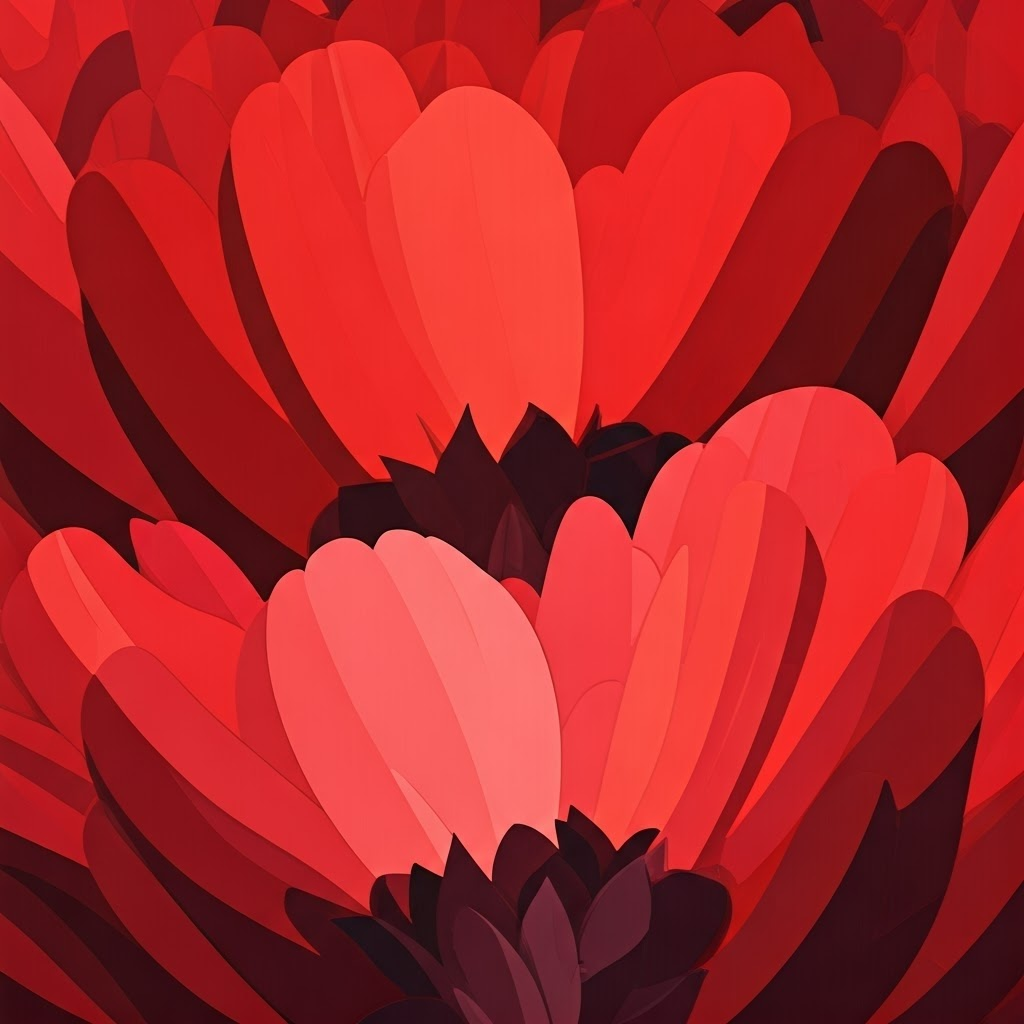 Bold abstract petals in reds and pinks, echoing early modernist experimentation