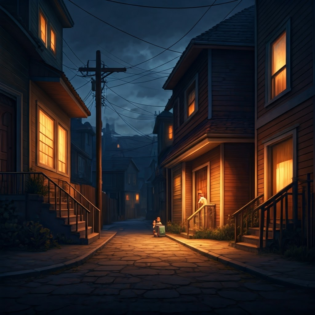 A blackout blankets a suburban street while one home runs a diesel generator; candlelit windows reveal children reading, capturing both scarcity and hope.