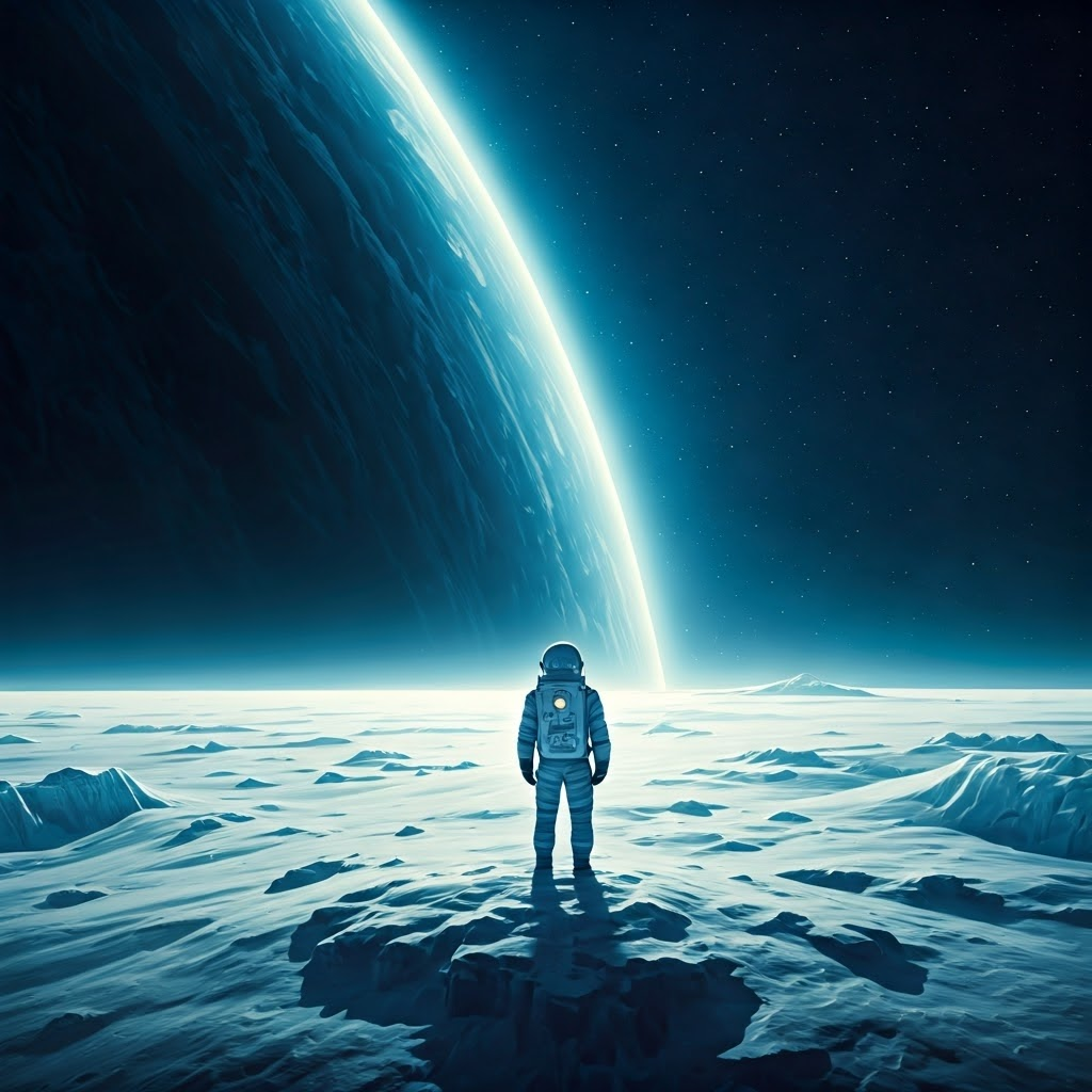 An astronaut surveys a luminous snow-like plain under a star-filled sky, illustrating the fragile beauty of untouched planets and the need for careful exploration.