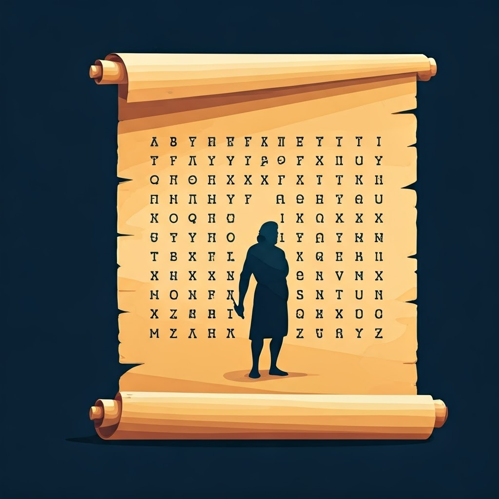 Minimalist vector scroll morphing from Phoenician symbols into Greek and Latin letters, spotlighting the rise of alphabets.