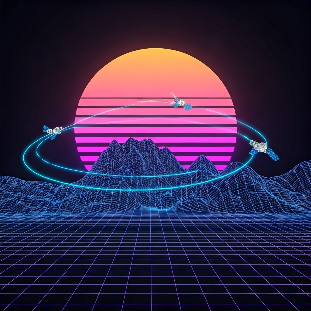 Neon GPS satellites orbit a stylized Earth grid, highlighting the relativity corrections that keep navigation precise.