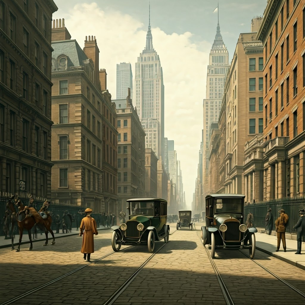 Early-20th-century city traffic with new electric cars quietly replacing horses on bright, clean streets