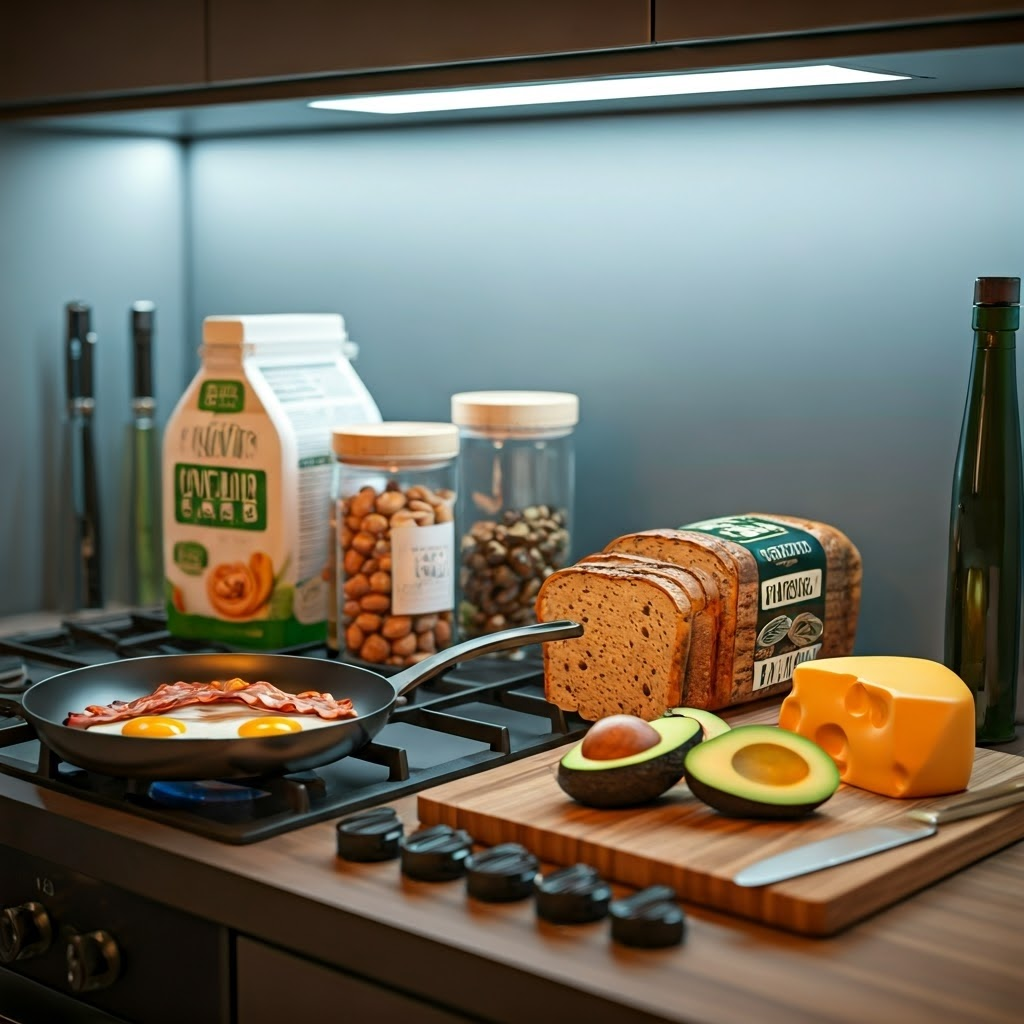 Modern kitchen with bacon, eggs, and avocado beside a digital carb counter, illustrating low-carb cooking