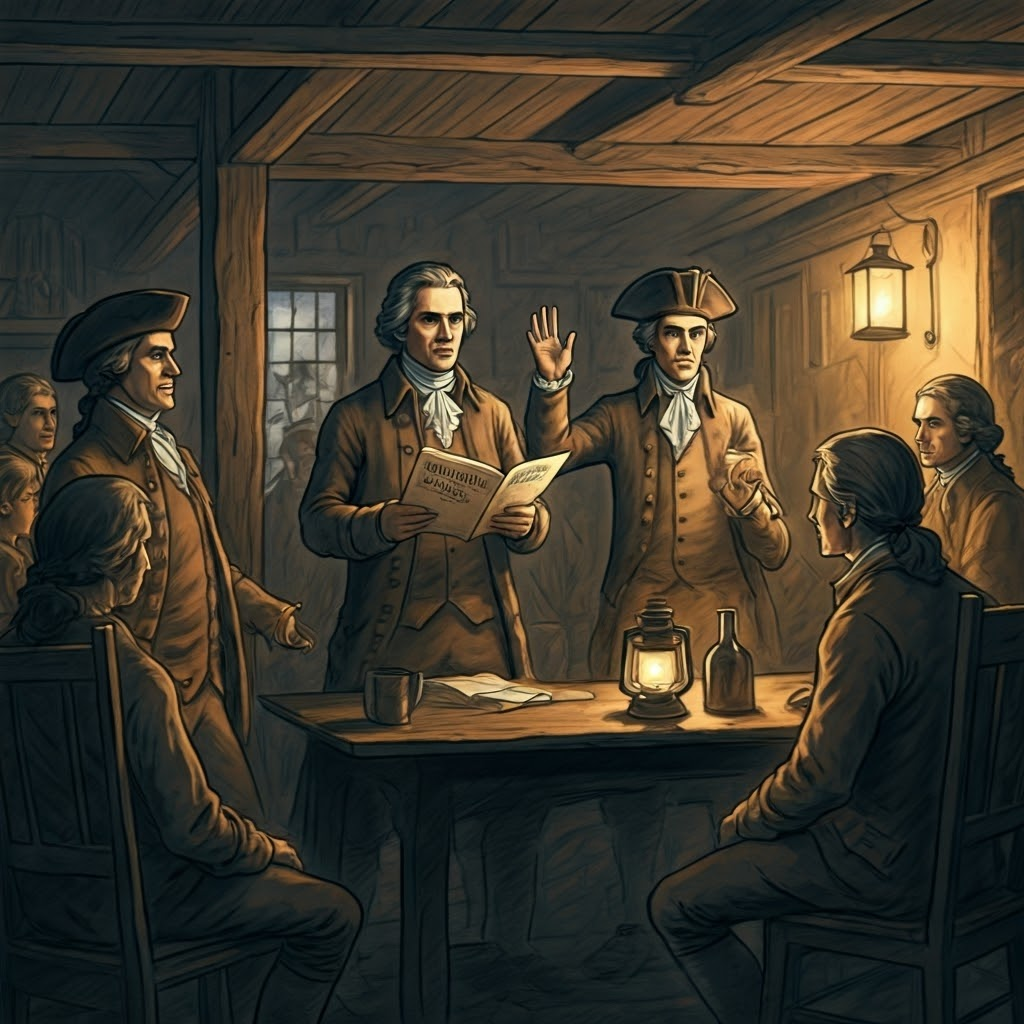 Crowded tavern where listeners hear Thomas Paine read "Common Sense," sparking revolutionary ideas.