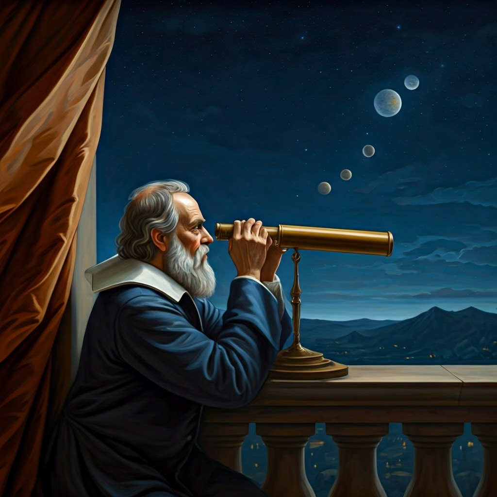 Galileo observes Jupiter’s moons through an early telescope under a starry sky.