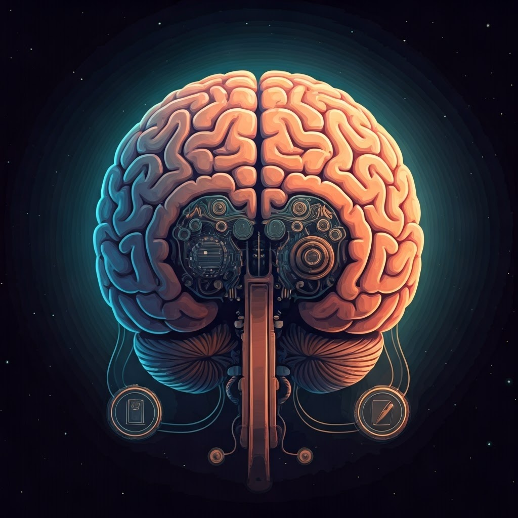 Illustration of a glowing human brain as interconnected creative machinery against a starry backdrop