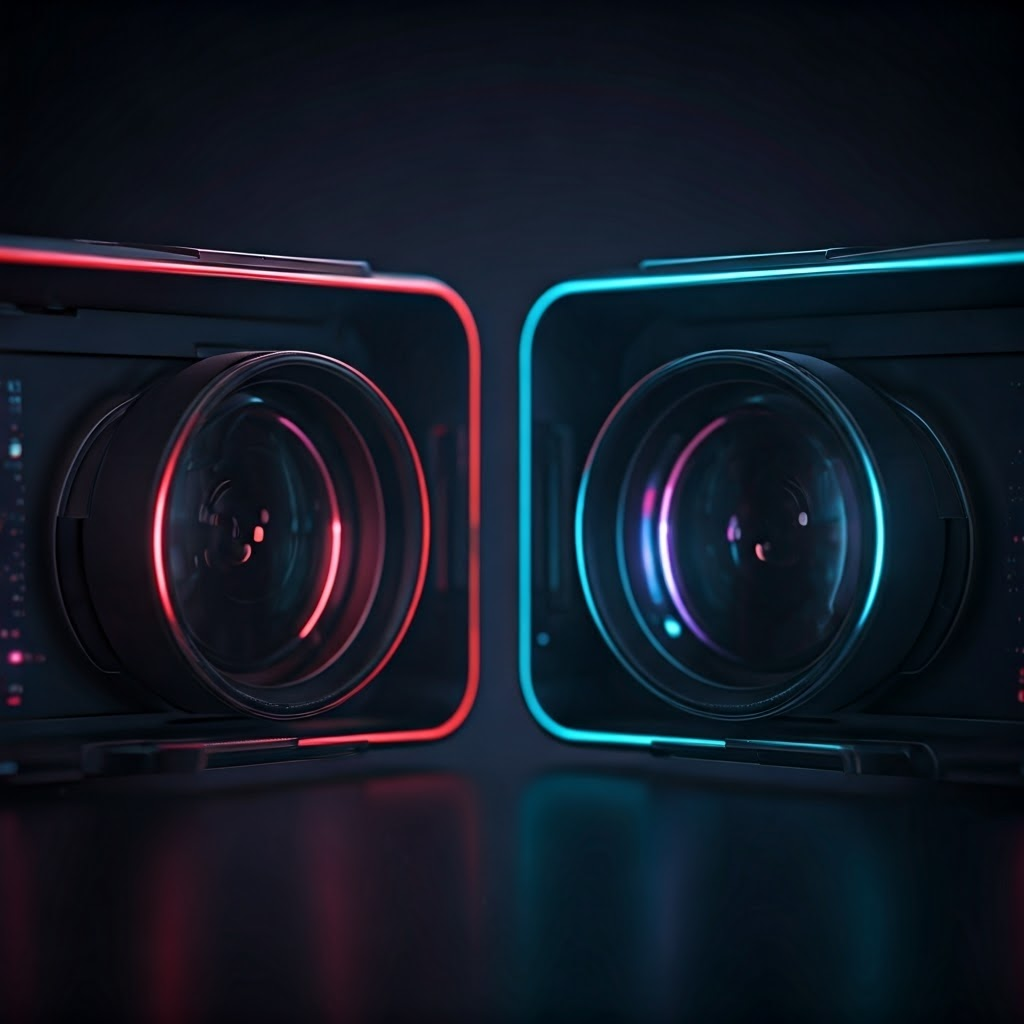 Close-up view comparing LCD and OLED panels inside VR lenses.