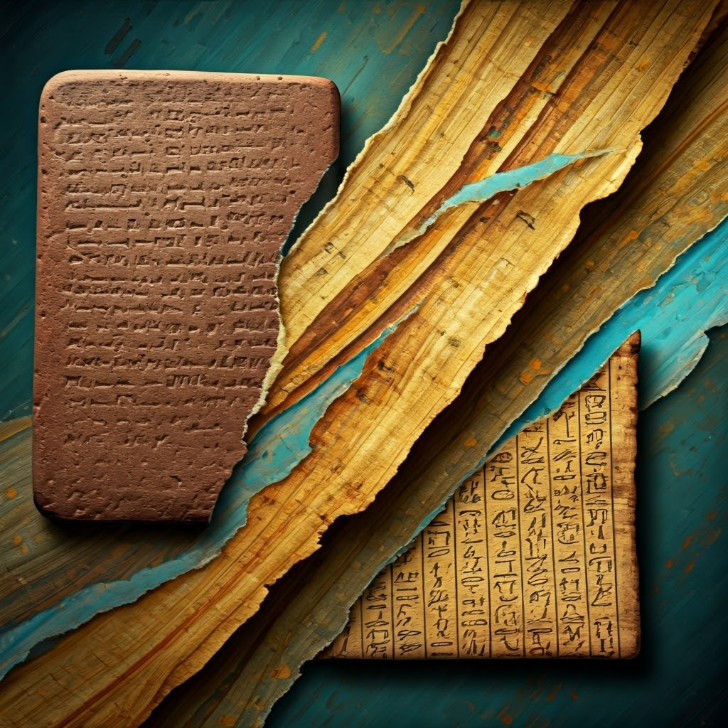 Mixed-media collage of a cuneiform tablet beside hieroglyphic papyrus, linked by abstract sound waves to show the move toward phonetic writing.