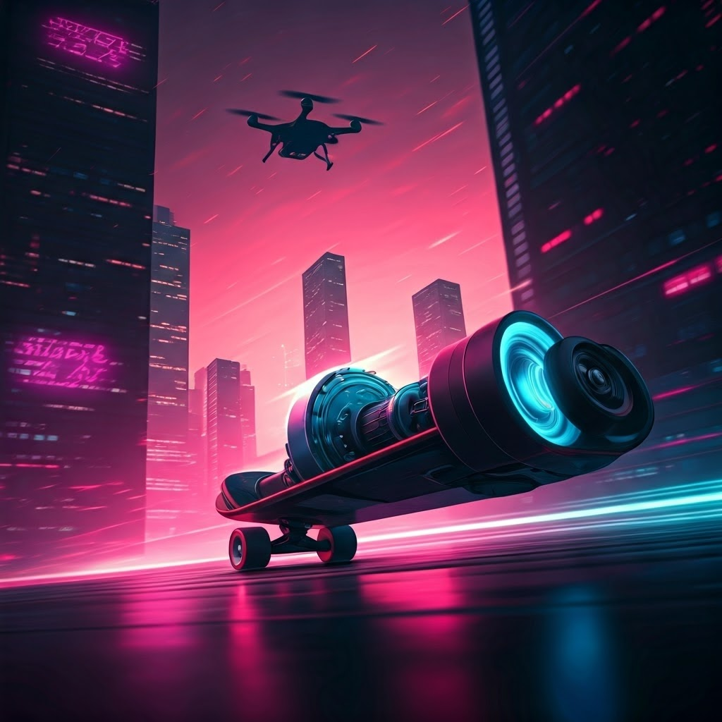 Electric skateboard with exposed brushless motor speeding through neon city