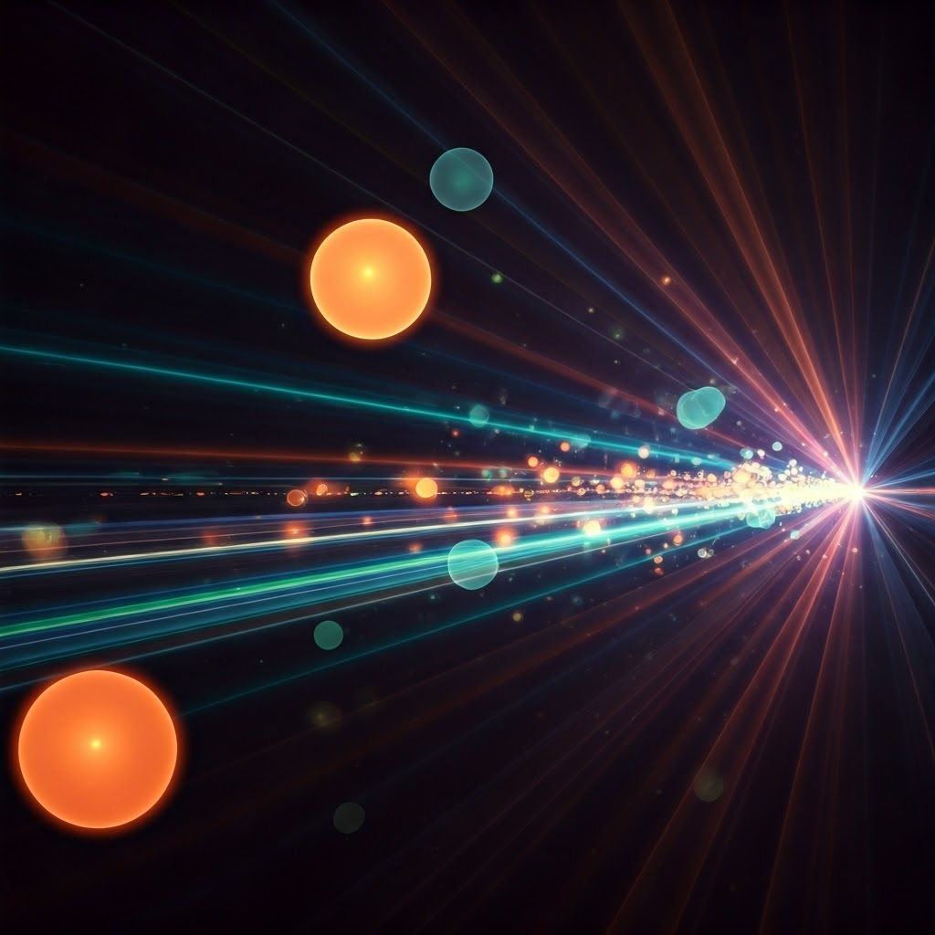 Colorful fast-moving particles swirl in a dark void, showing early high-energy chaos