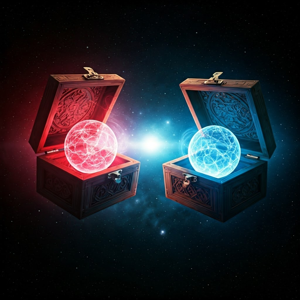 Two ornate wooden boxes drift in a star-filled void, each revealing a glowing sphere—one red, one blue—linked by swirling light trails that hint at quantum entanglement.