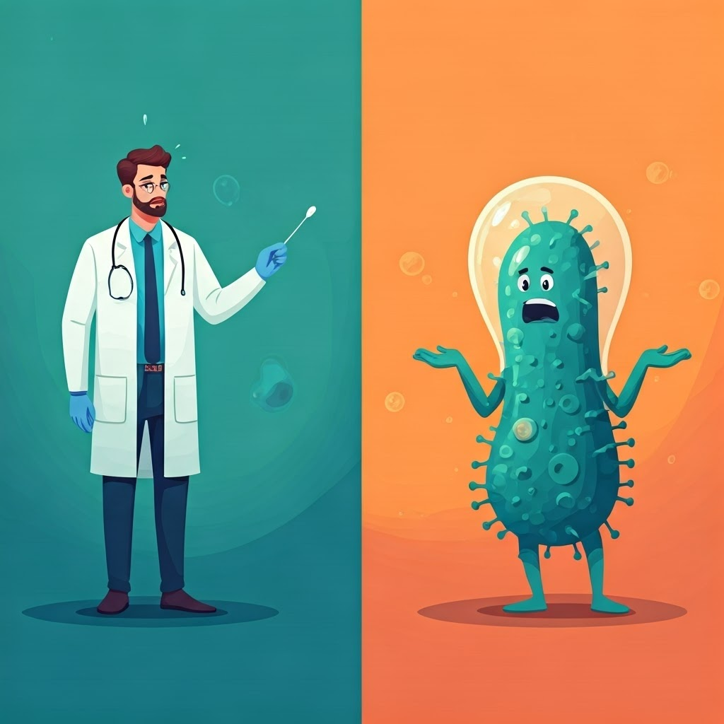 Side-by-side panel: a microbiologist with a swab faces a shrugging cartoon spore, posing the question of sterilization limits.