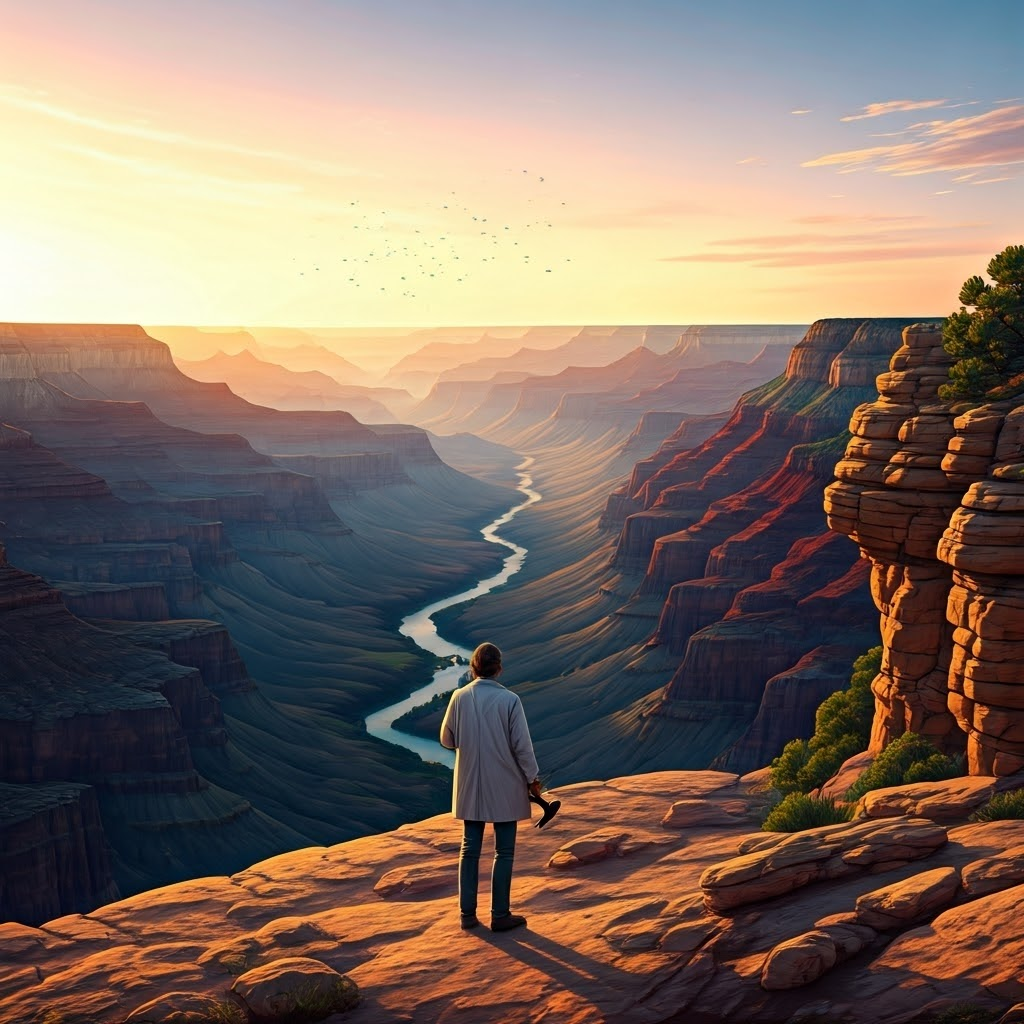 Solitary geologist at Grand Canyon dawn, gazing across multicolored strata that reveal millions of years of change.