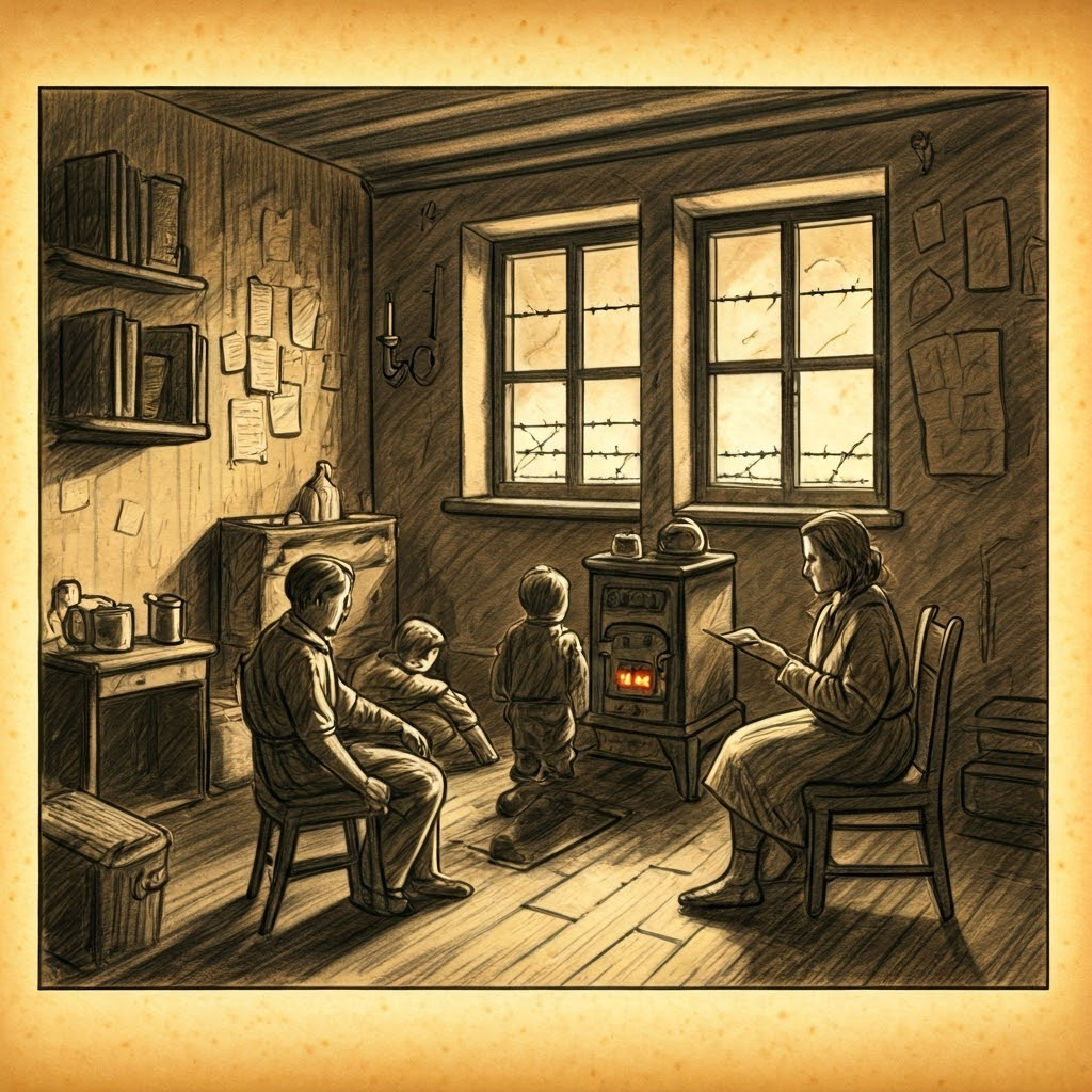 Family huddles around a small stove; ration cards pin the wall beside a barbed-wire view.