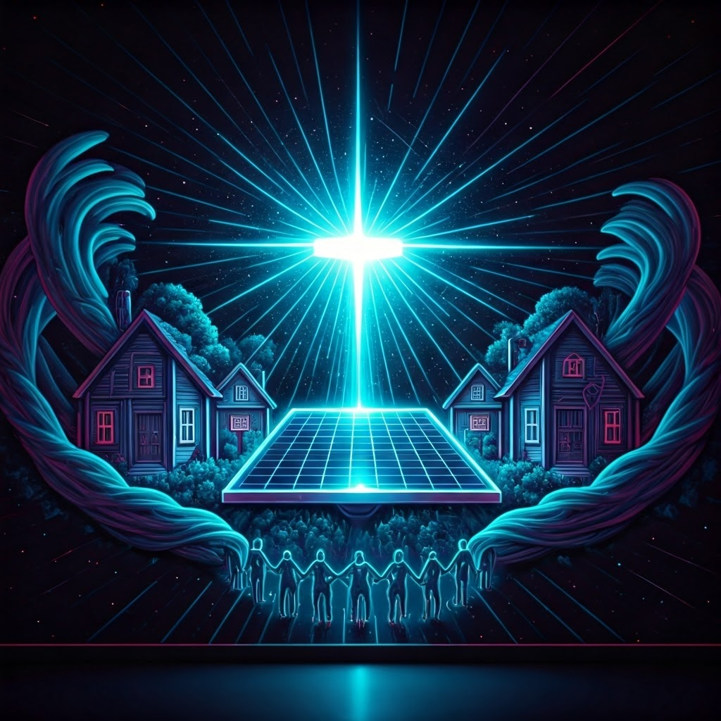 A neon mural shows a central solar panel sending glowing rays to connected homes and linked hands.