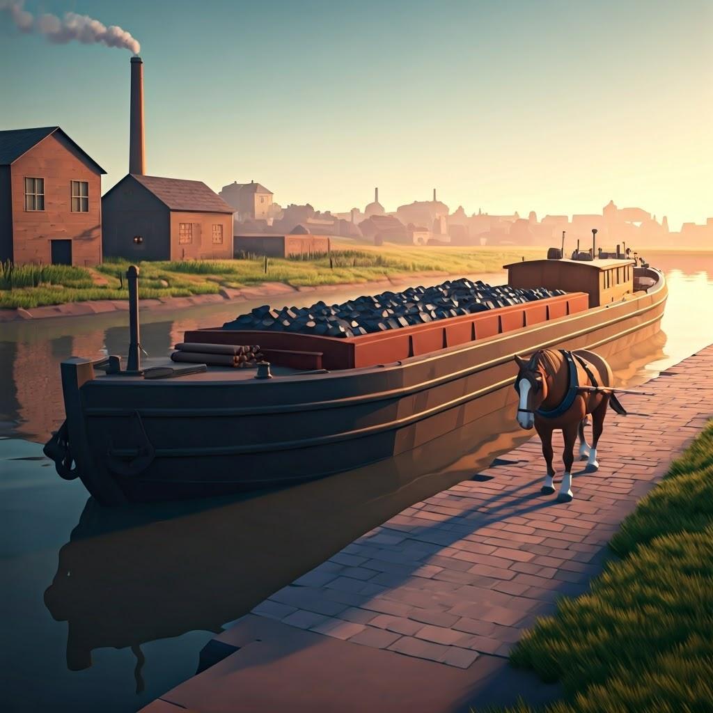 Low-poly barge hauled by one horse shows the canal’s massive carrying power.