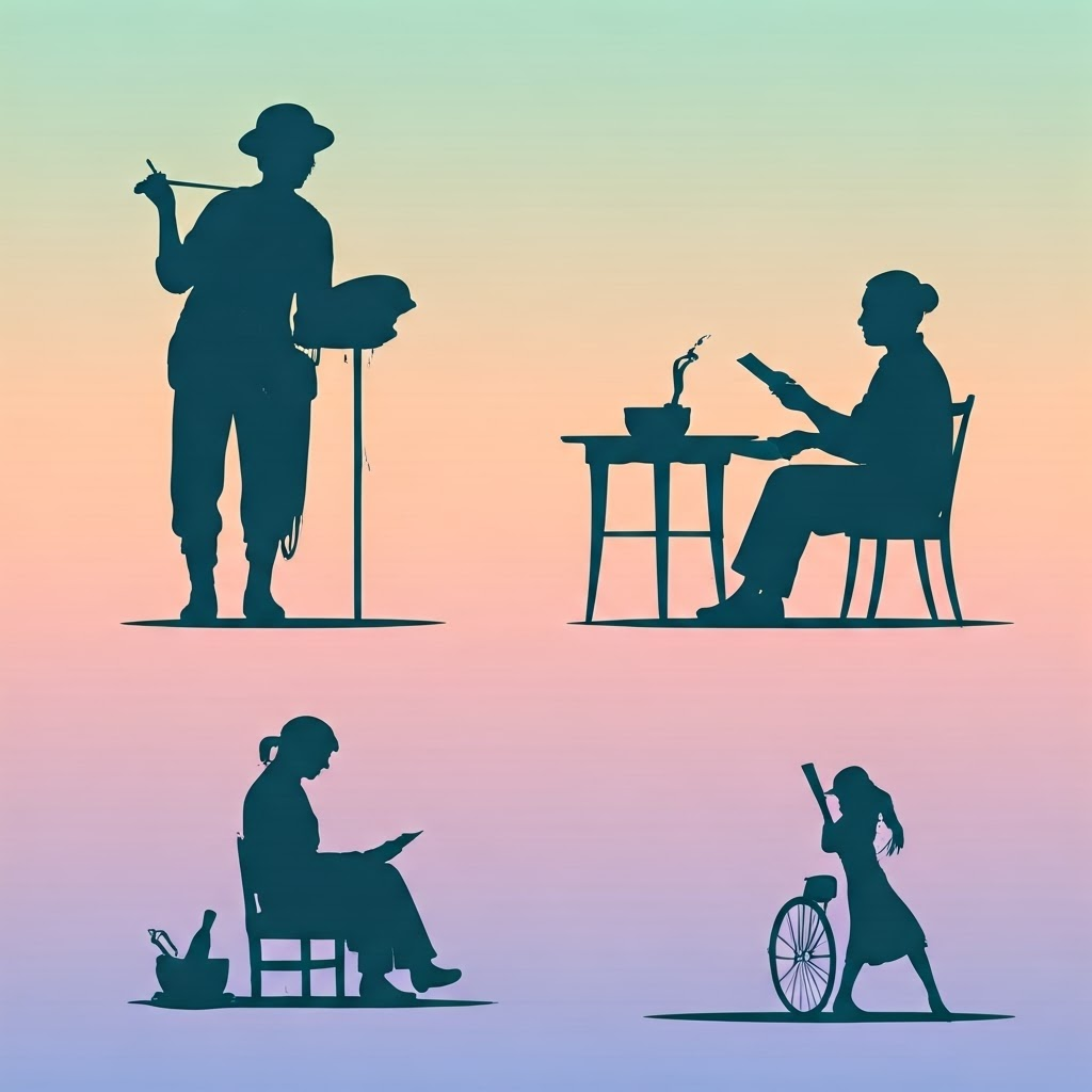 Silhouetted artists, merchants, and students engage with books and debates over soft pastel gradients.