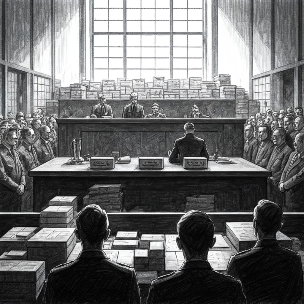 Nazi defendants sketched behind a dock as judges listen, highlighting the weight of testimony.
