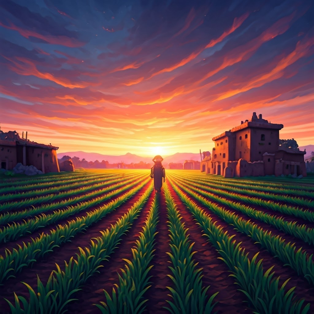 Digital art of the first cultivated fields glowing under a vivid sunset.