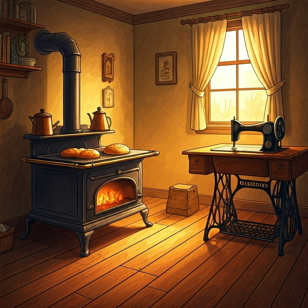 Late-19th-century kitchen with cast-iron cookstove glowing and someone using a hand-crank sewing machine.