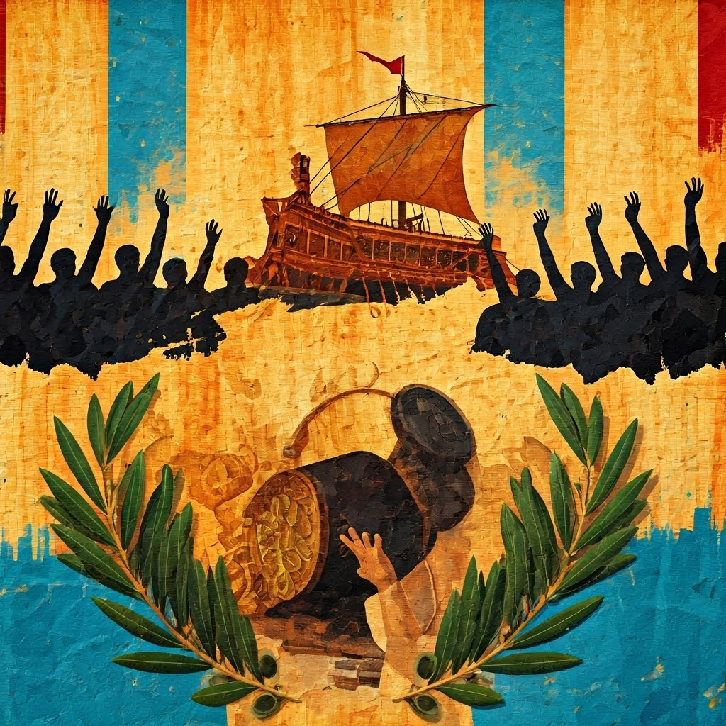 Energetic collage shows hands voting, a lottery drum, and a trireme sailing—capturing daily democratic life.