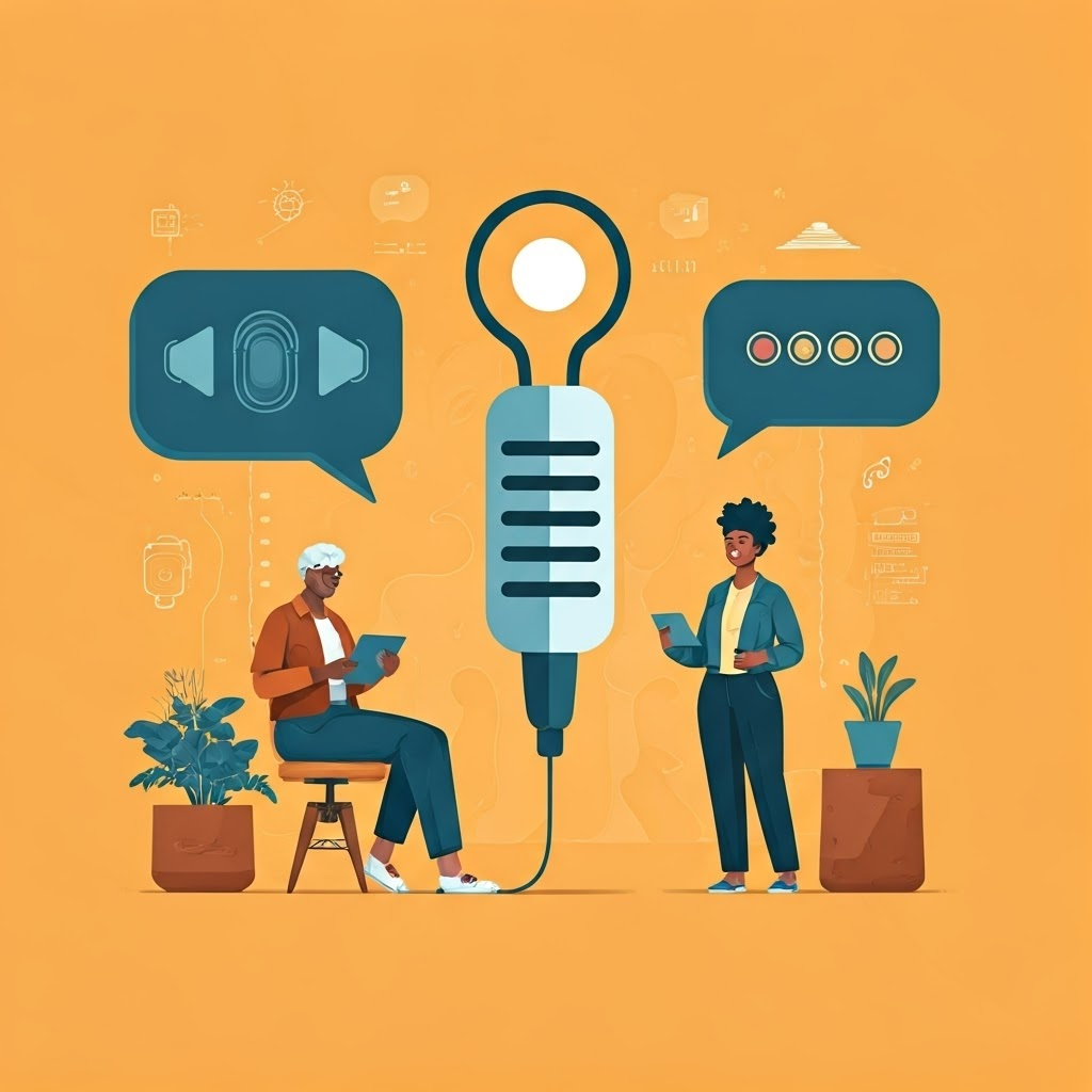 People in everyday settings using voice tech, colorful speech bubbles highlighting accessibility