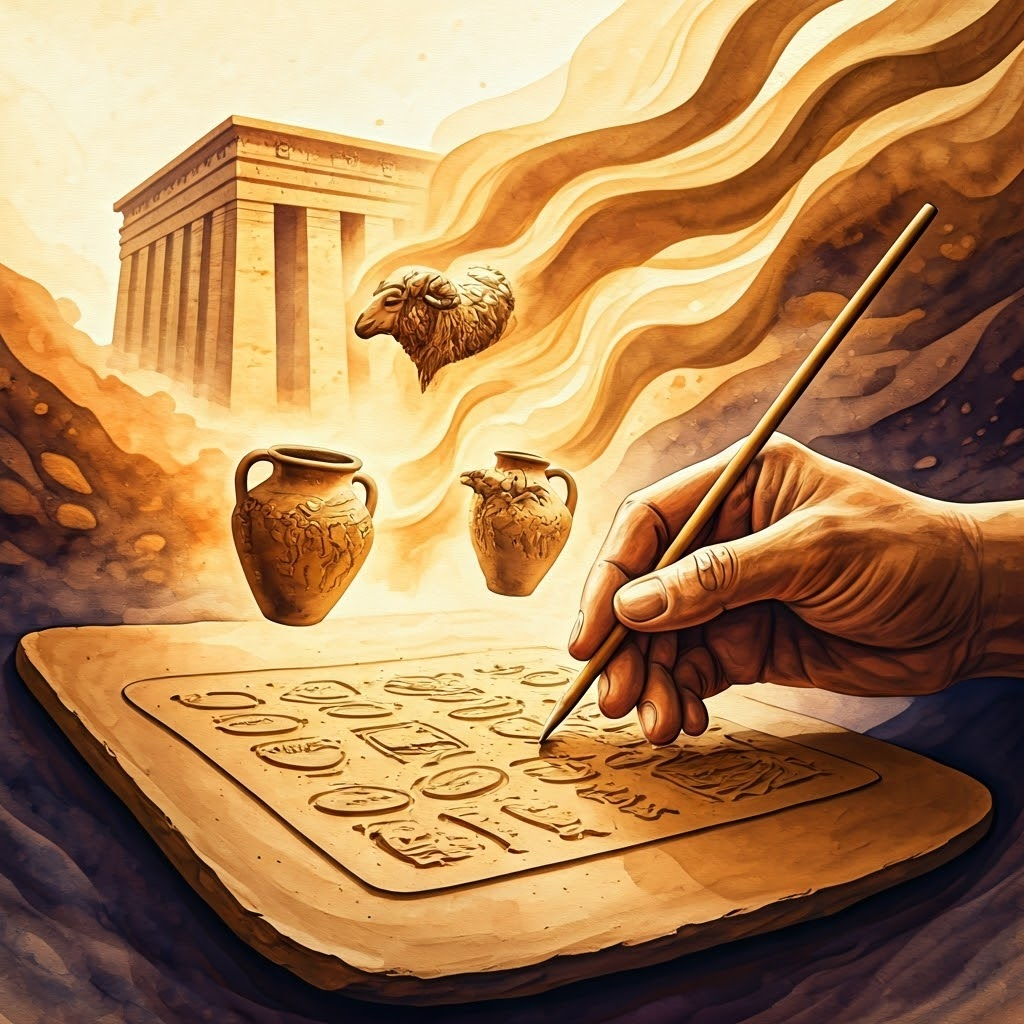 Hand uses reed stylus to press token shapes into soft clay tablet, depicting transition to written records.