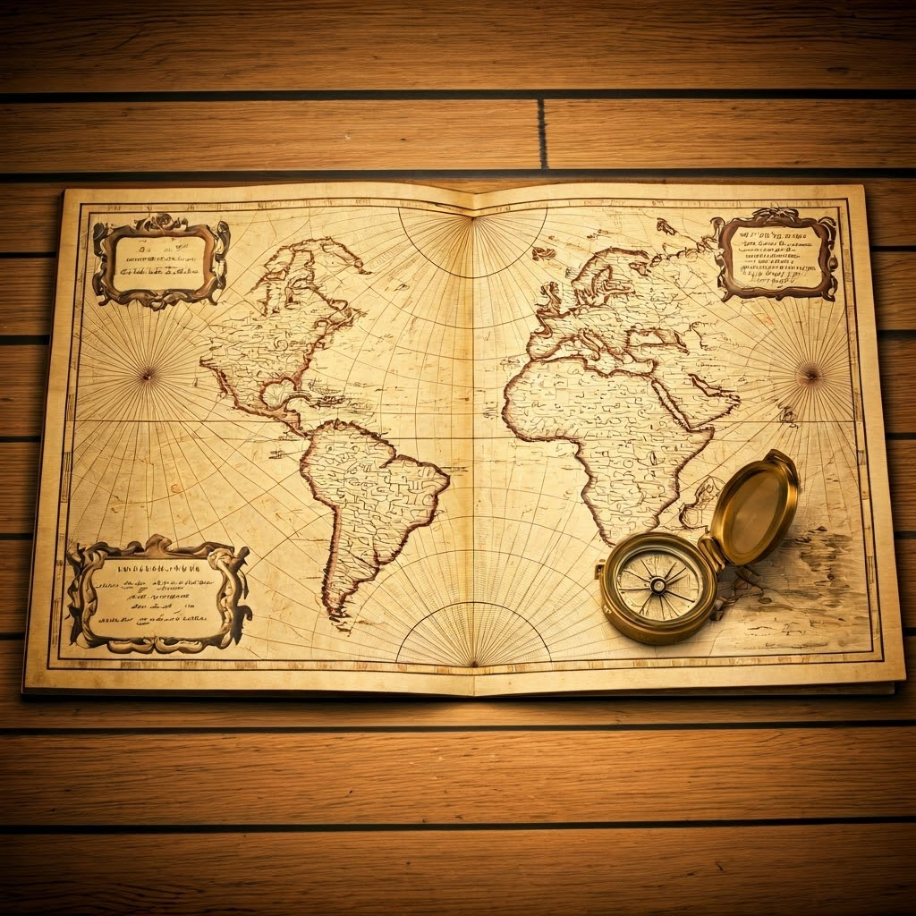 Antique Mercator projection on a ship’s deck with dividers tracing a Lisbon-to-Caribbean course