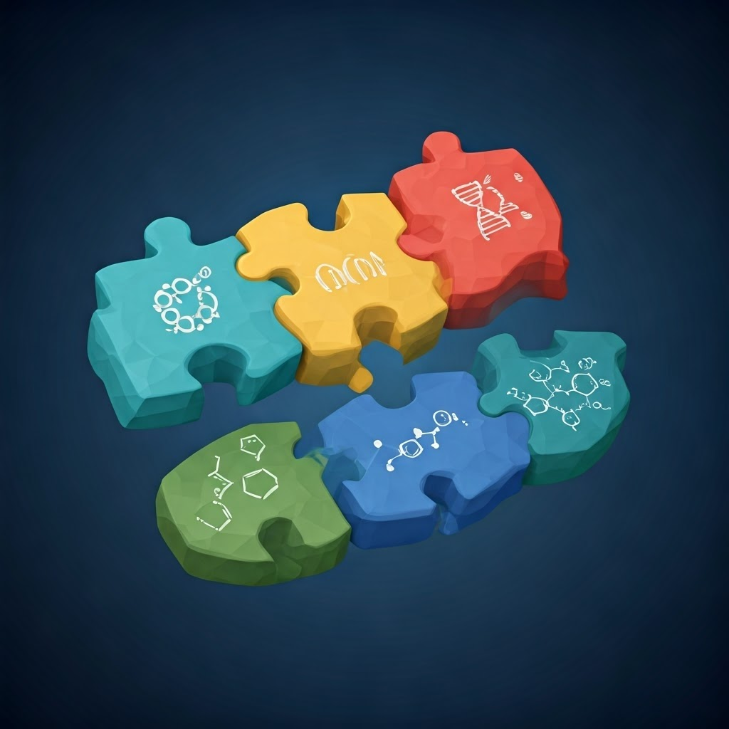 Low-poly puzzle pieces shaped like cells, each marked with DNA, RNA, and protein icons, conveying a 3D life puzzle.
