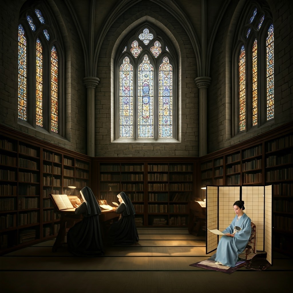 Quiet convent library where nuns study hand-copied books, contrasted with a distant Japanese noblewoman reading a scroll, hinting at regional differences in education.