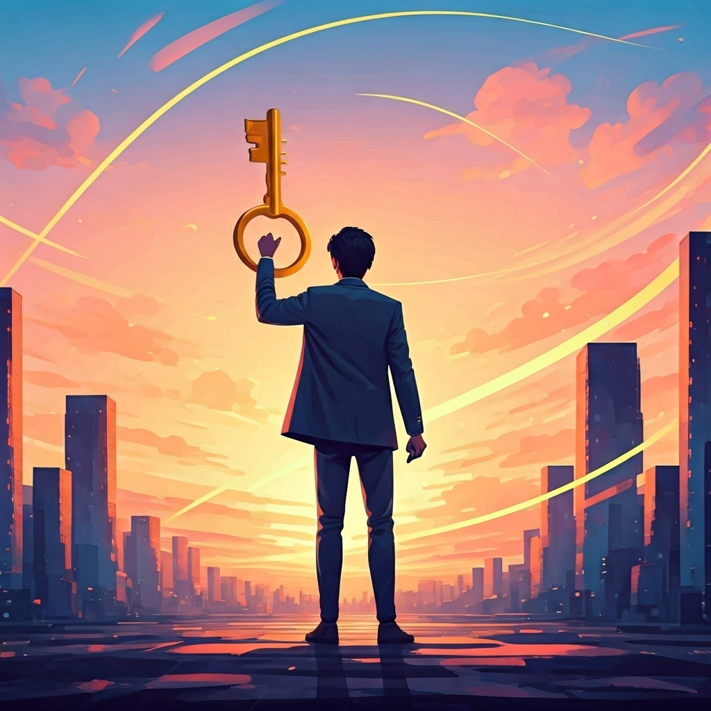 Person holding golden key and smartphone while data streams swirl, representing empowered digital control.