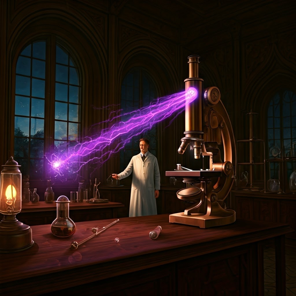 Steampunk-style painting of a scientist using a powerful microscope to observe an electron, symbolizing measurement disturbance.