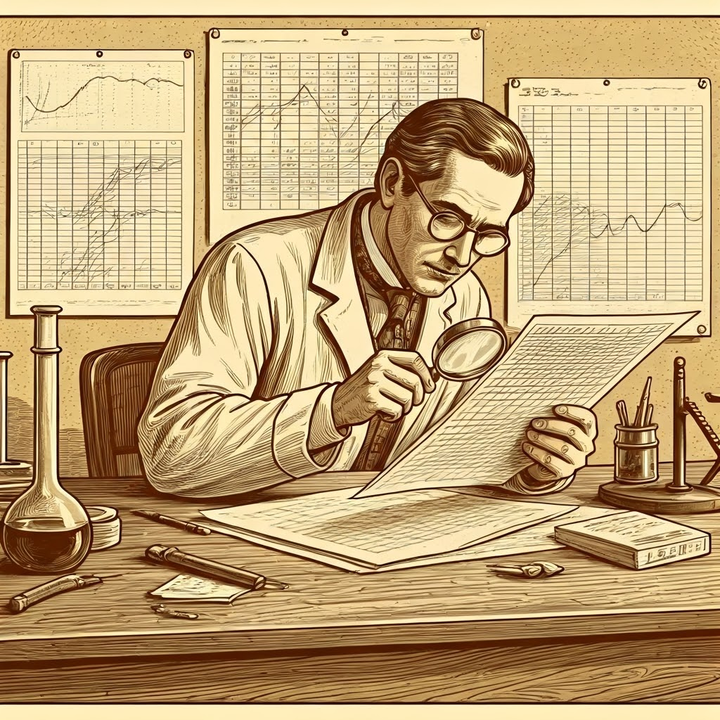 Vintage scientist studies data table under magnifying glass, emphasizing careful inspection