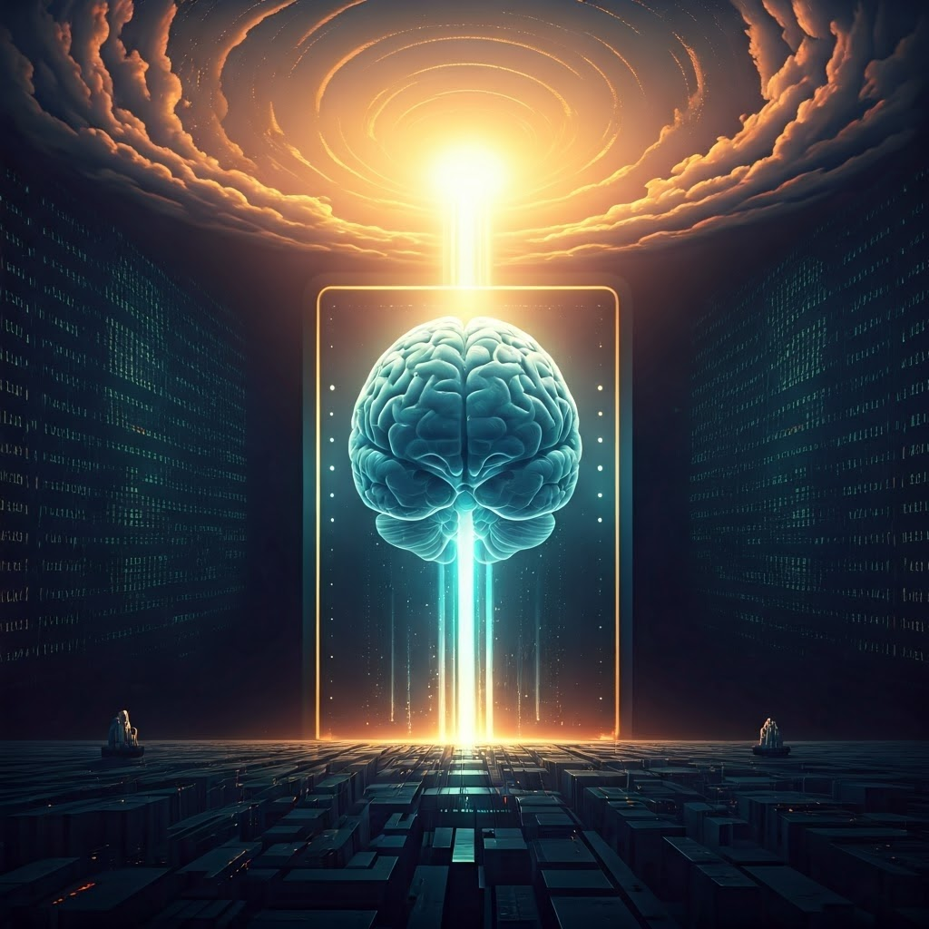 Epic digital painting of a translucent brain in a glowing vault with light streams connecting cities, symbolizing shared knowledge across time.