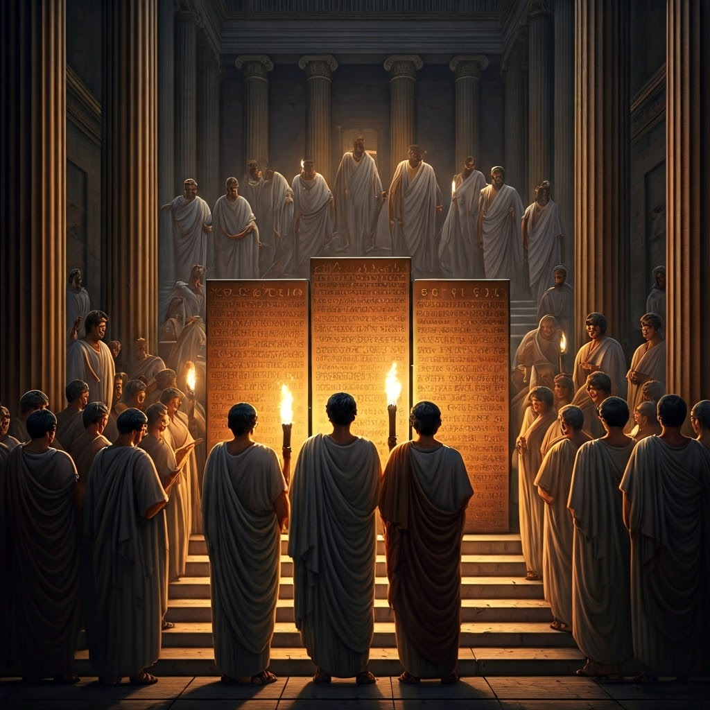 Bronze tablets with Latin laws stand in a Roman forum at dusk as citizens read them by torchlight