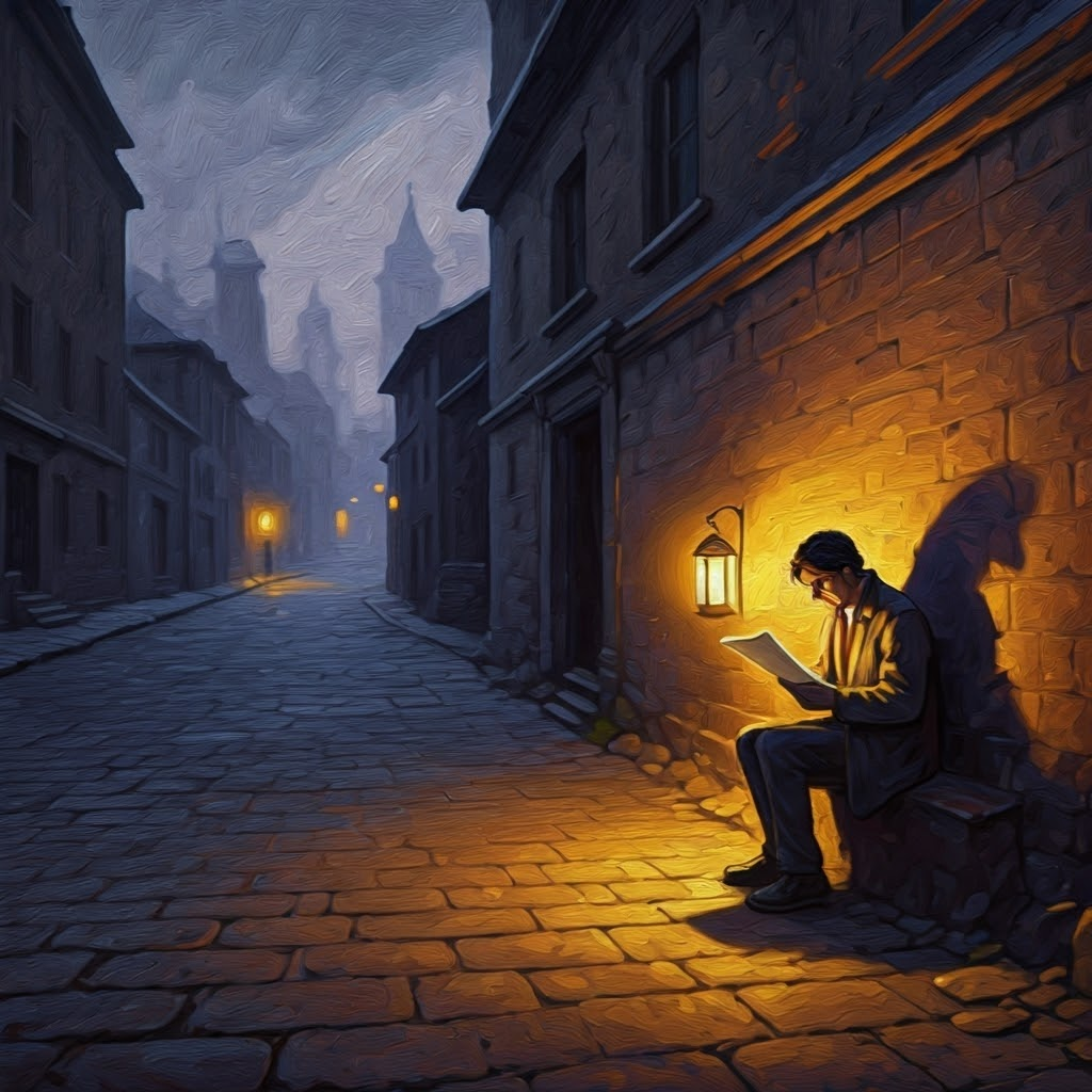 Lonely teacher reads Versailles terms under lantern on crumbling street, mood somber