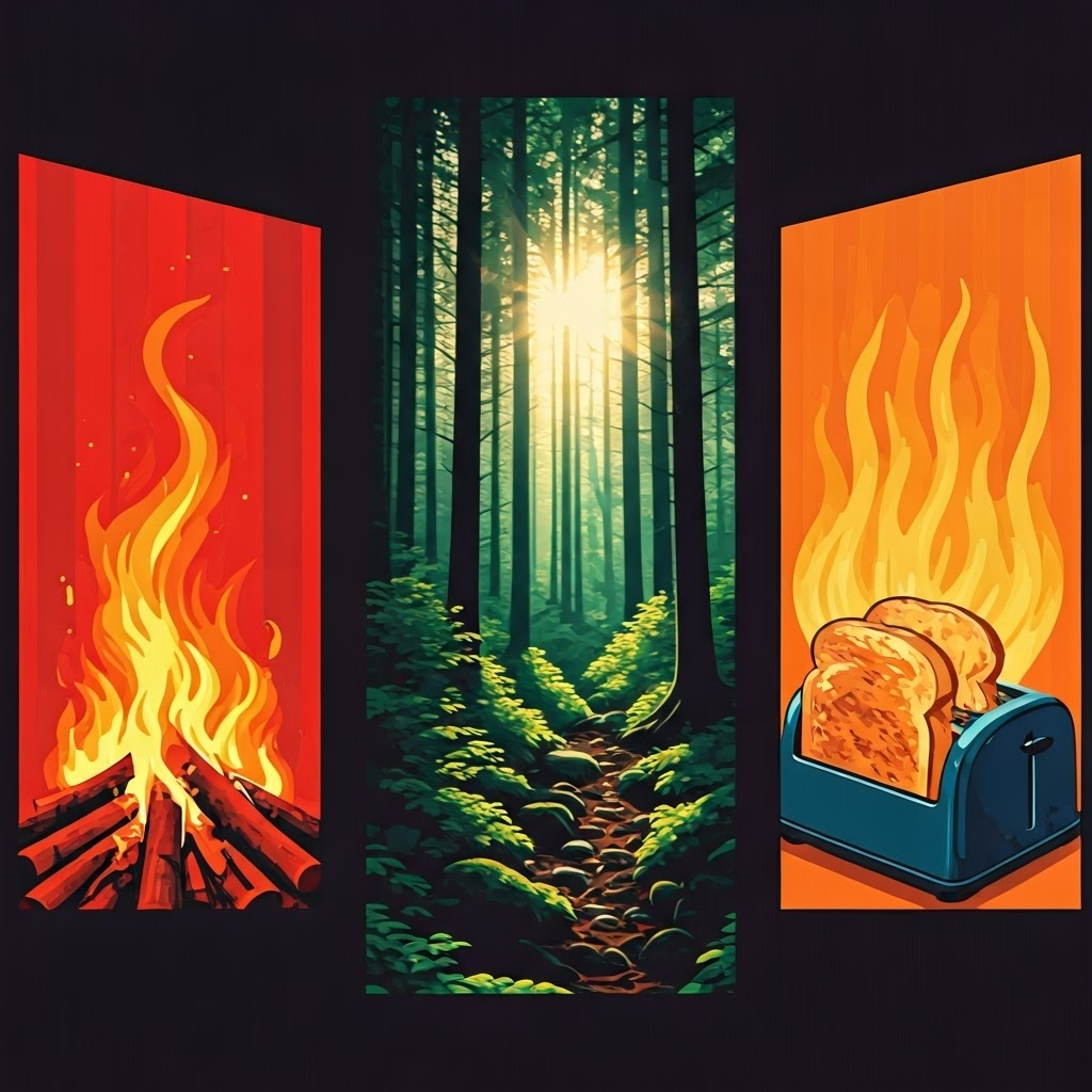 Collage showing infrared glow from a fire, sunlight through trees, and a toaster emitting orange waves.