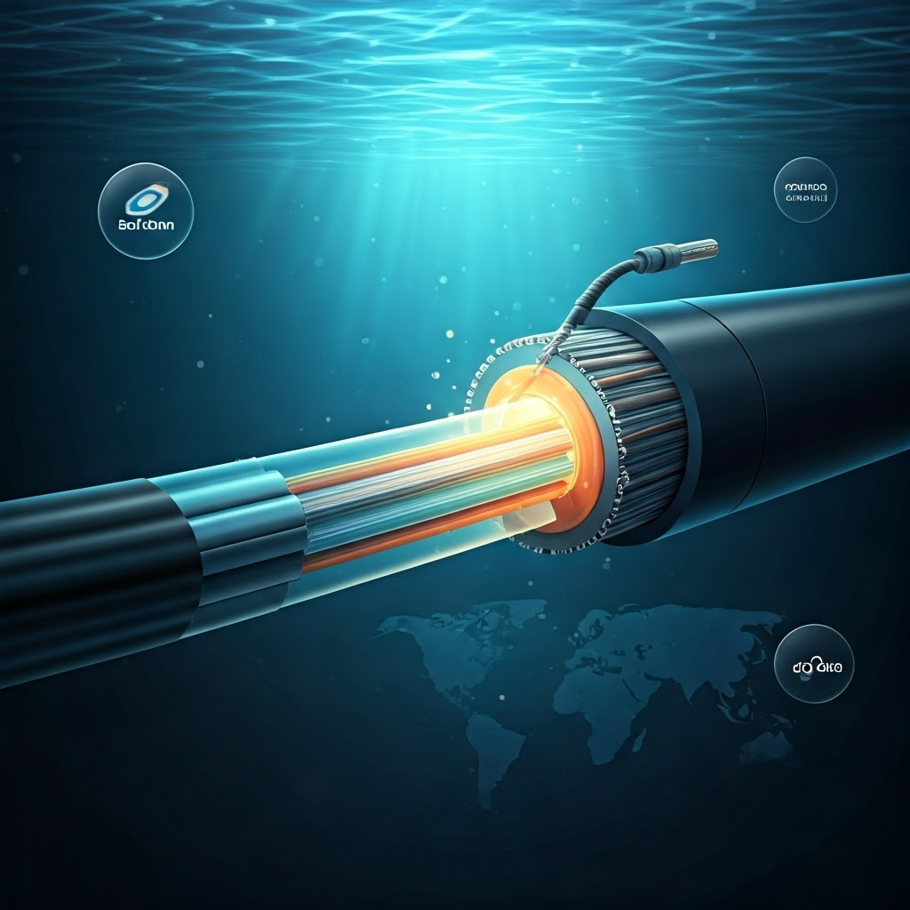 Cutaway of an undersea cable showing glass fibers, steel armor, and waterproof layers with a world map of its 20,000 km route.