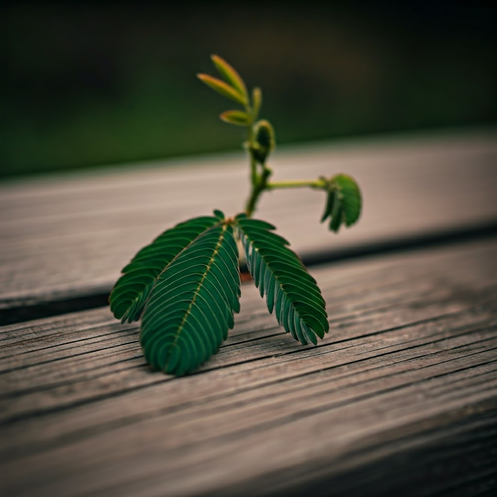 Sensitive Mimosa pudica leaflets folding inward moments after being touched
