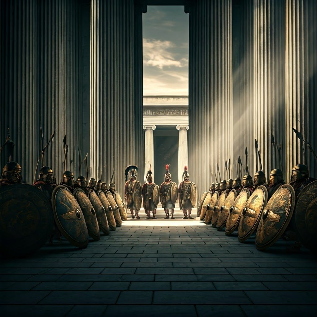 Citizens in an open-air court stand beside stacked shields, highlighting duty and equality.
