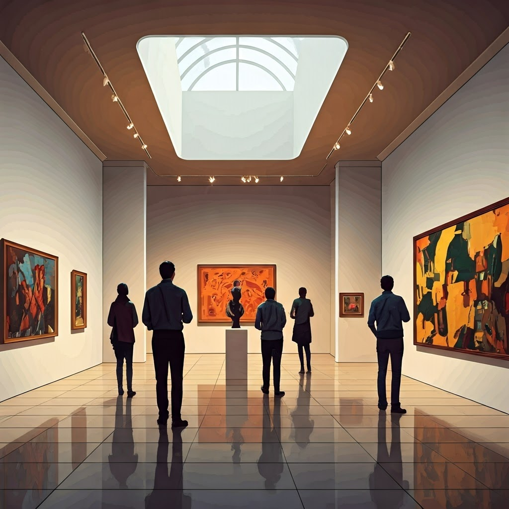 Inside a modern art museum, some visitors follow a guide while others wander freely, illustrating multiple paths through content.