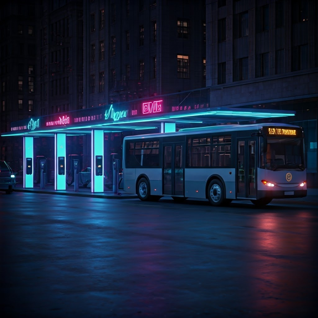 Glitch-art street scene with electric cars charging at neon stations—shows transport electrification