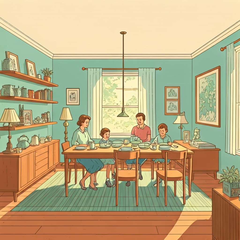 Mid-century living room with teapots, lamps, and books neatly arranged, sunlight warming a family at the table.