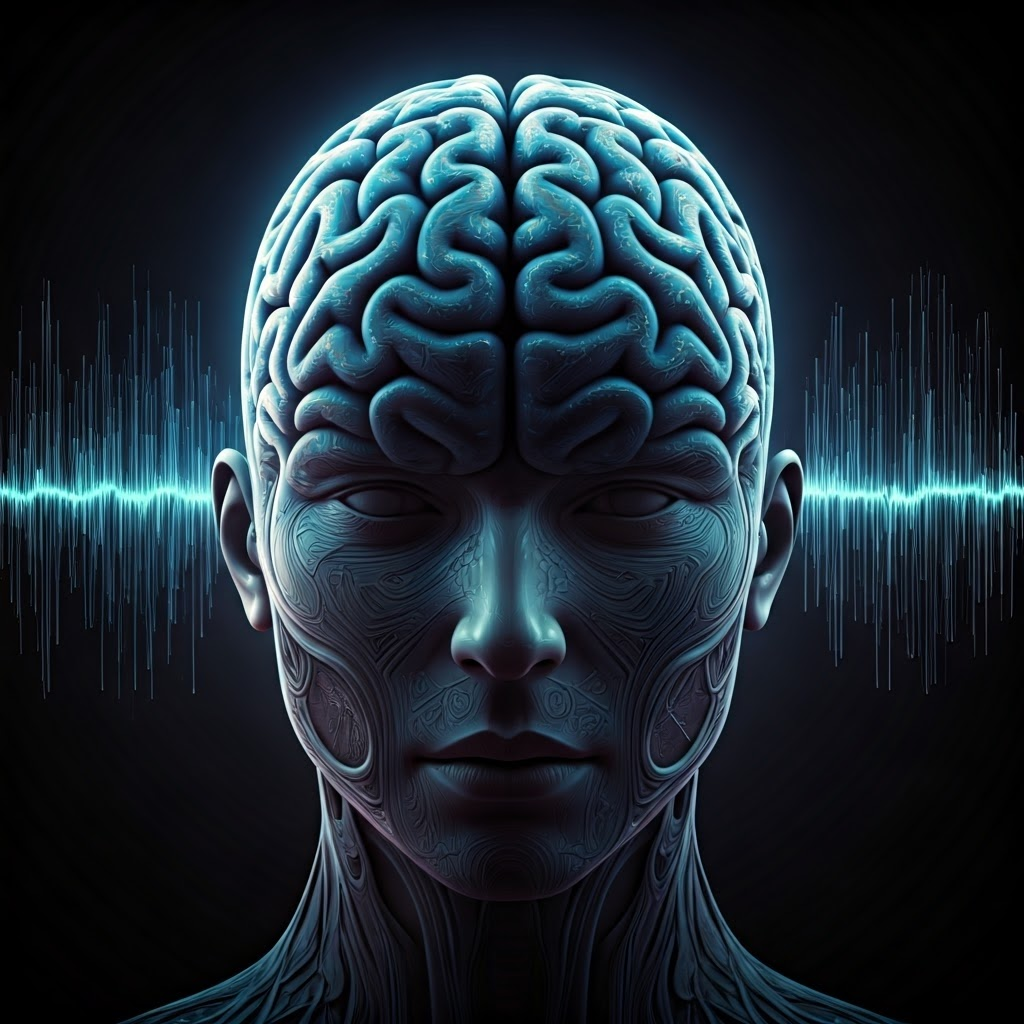 Glowing circuit-brain listening to colorful sound waves