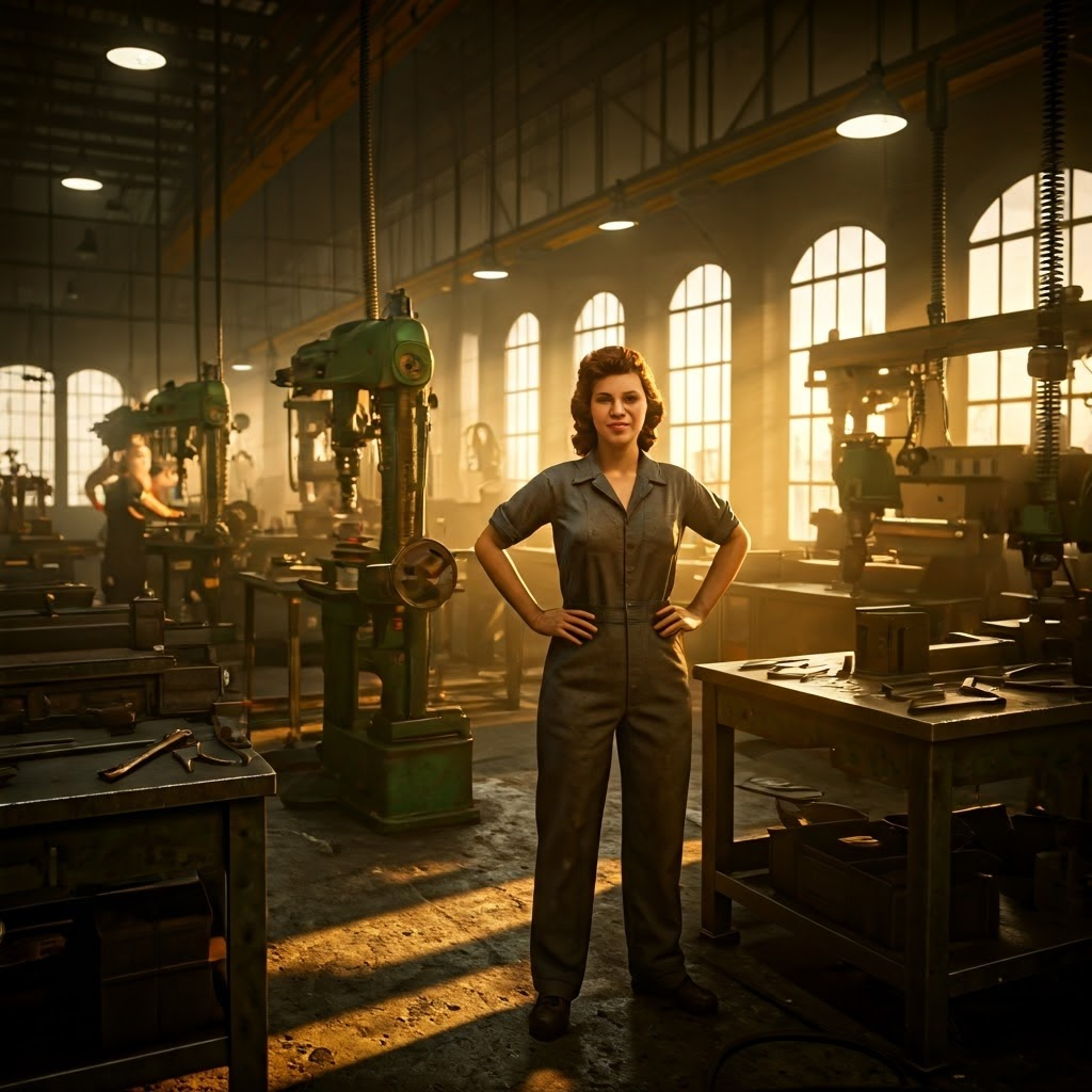 Detroit factory floor where women in coveralls rivet airplane wings, showcasing industrial conversion and female labor